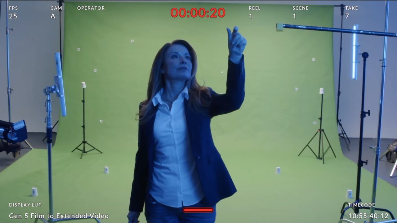 Actress interacts with virtual objects on set - the animated graphics she manipulates are added in post production.